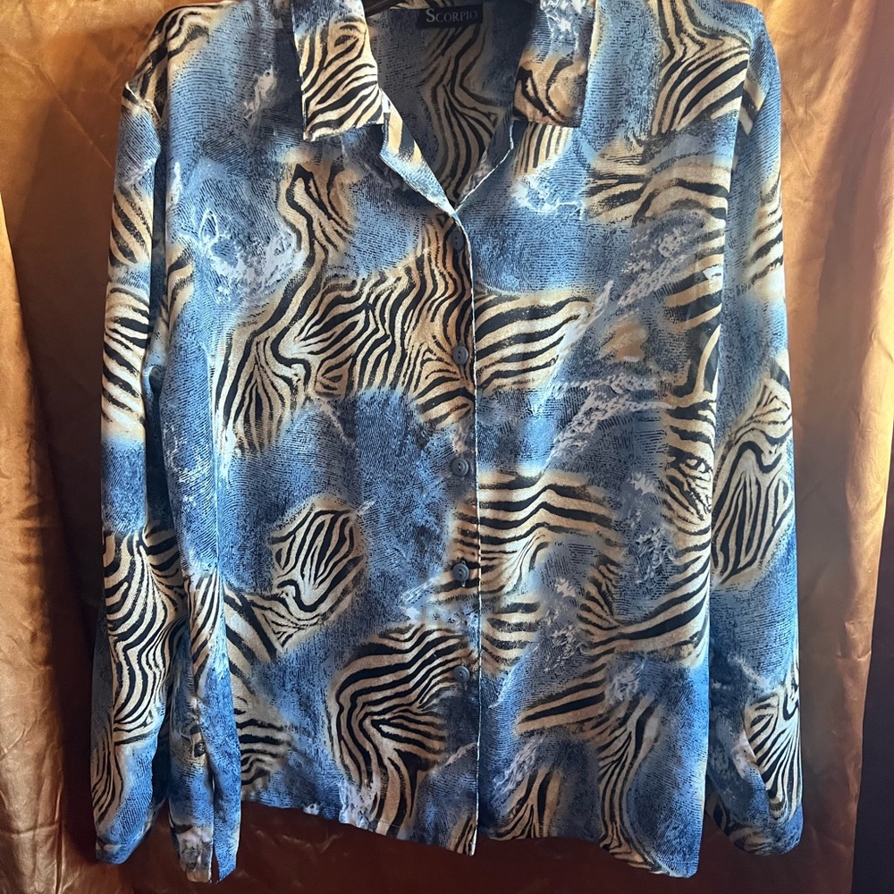 Vintage Chiffon Blue Zebra Print Women's Shirt Plus Size